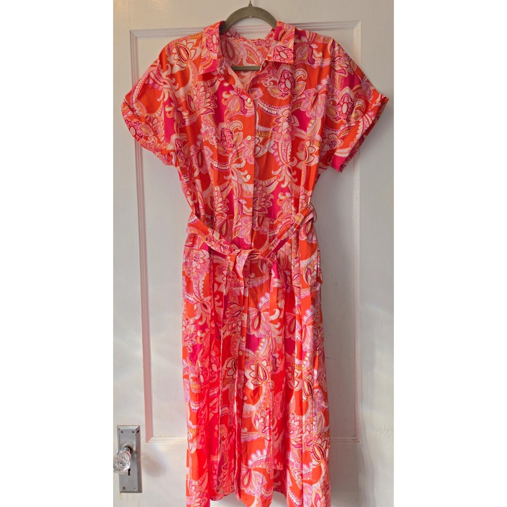Talbot's Sutton Womens Orange Pink Paisley Cotton Shirt Dress Button Pockets L